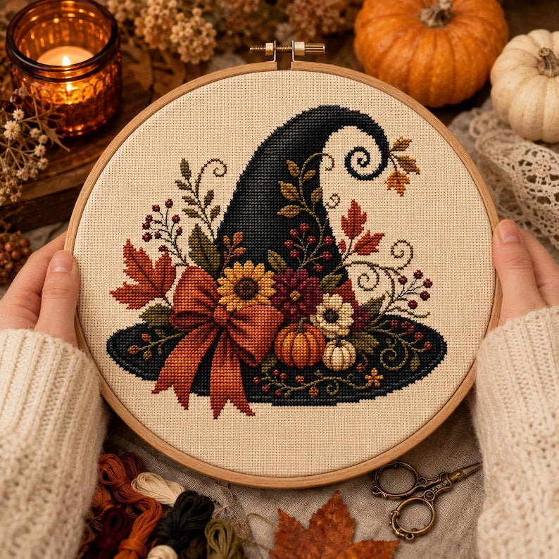Autumn Witch’s Hat Cross Stitch Pattern PDF, Fall Witch Embroidery, Halloween Decor (Digital Download)