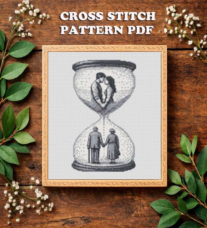 Romantic Hourglass Cross Stitch Pattern, Young & Old Love PDF Pattern