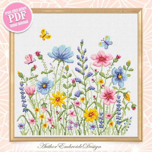 Wildflowers cross stitch pattern PDF instant download Watercolor cross stitch chart, Wild flowers pattern digital PDF, Flower meadow