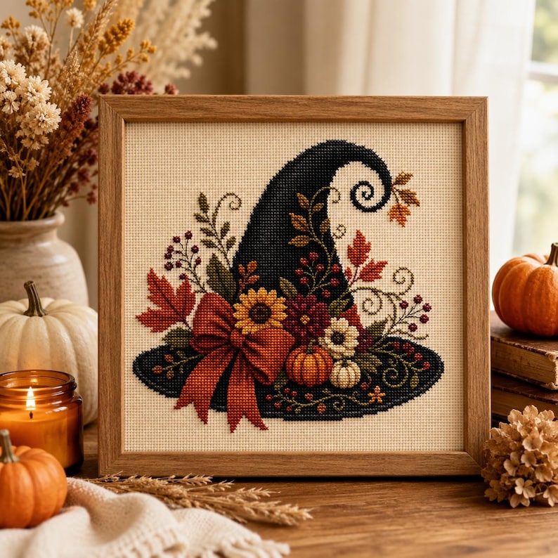 Autumn Witch’s Hat Cross Stitch Pattern PDF, Fall Witch Embroidery, Halloween Decor (Digital Download)