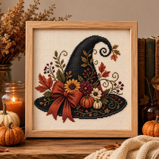 Autumn Witch’s Hat Cross Stitch Pattern PDF, Fall Witch Embroidery, Halloween Decor (Digital Download)