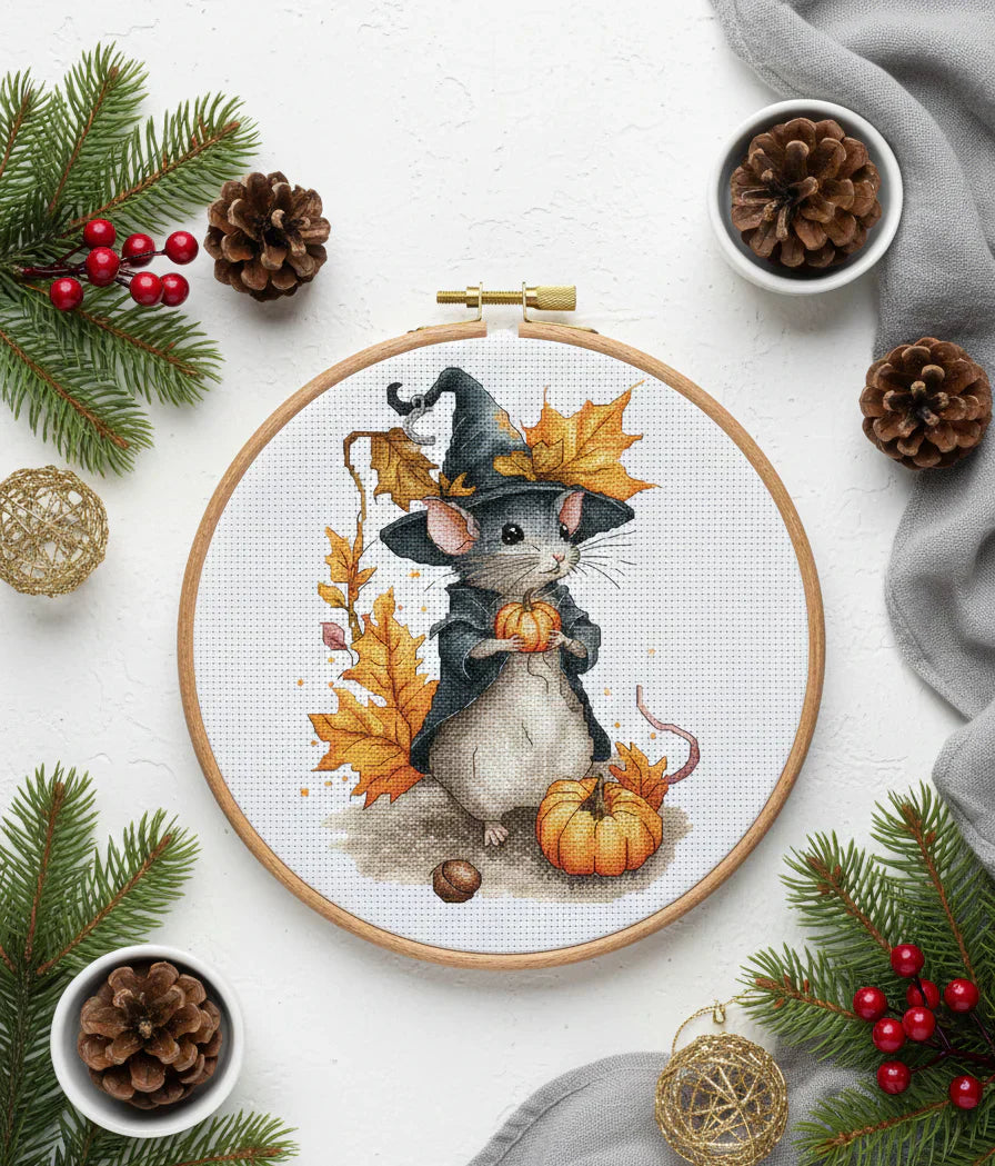 Autumn Witch Mouse Cross Stitch Pattern Instant Download